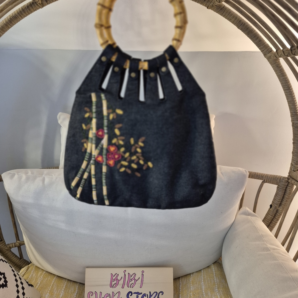 Chic Blue Jeans Hobo Bag with Floral Embroidery